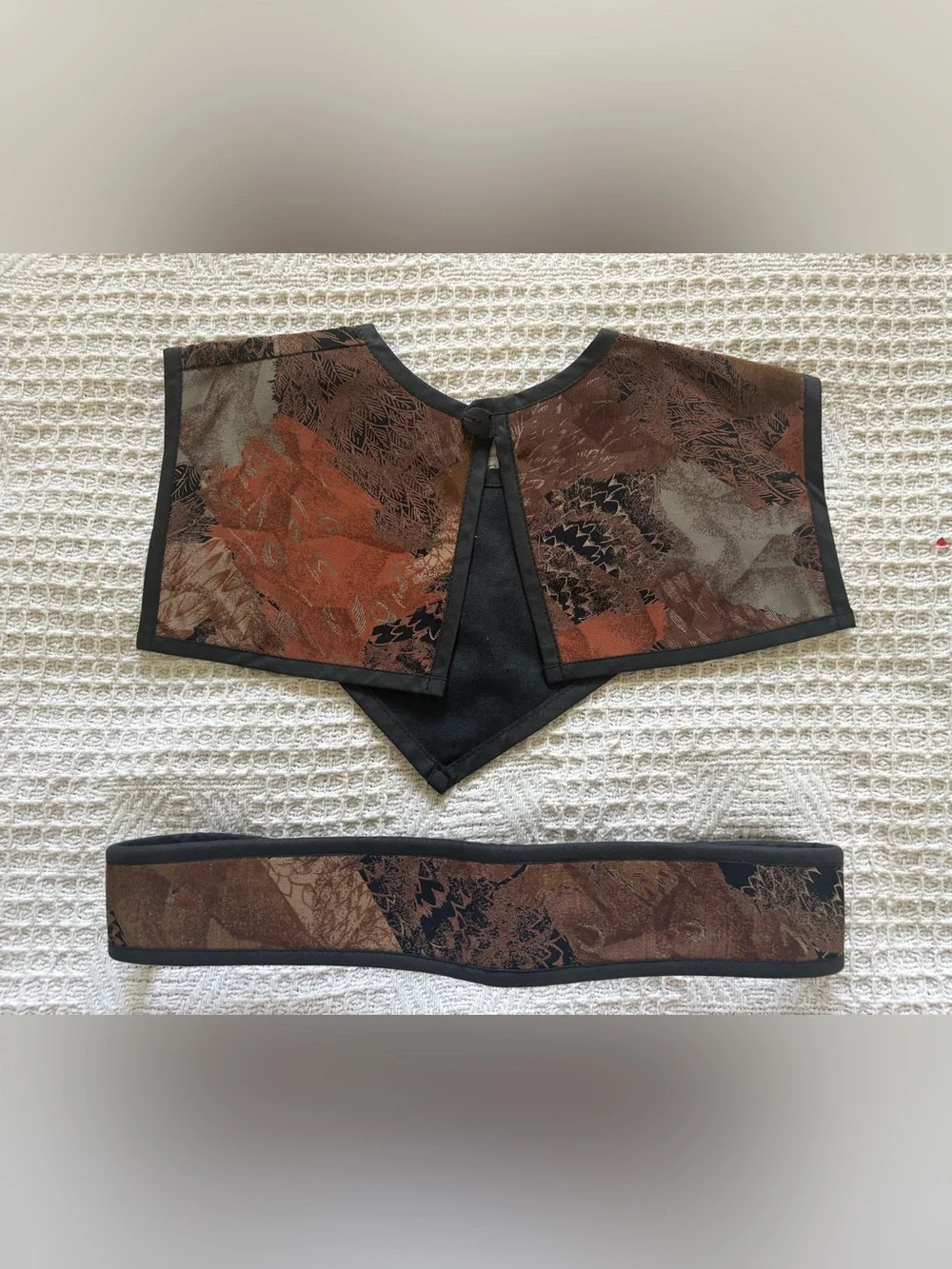 Hand made brown print & black cloth collar and belt set from Finland